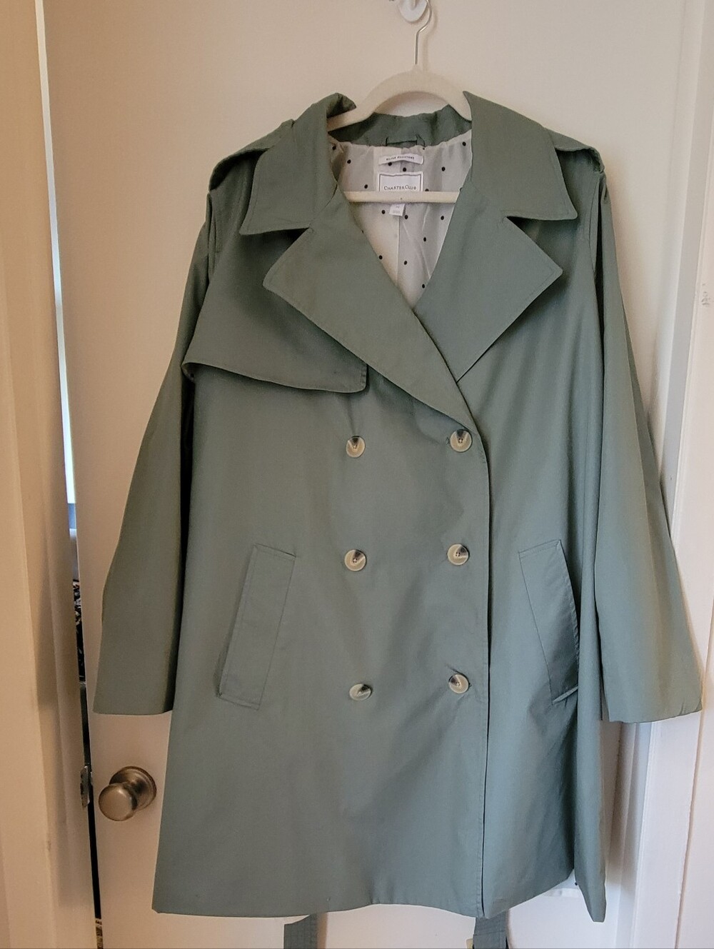 Charter Club Sage Green Double-Breasted Trench Coat